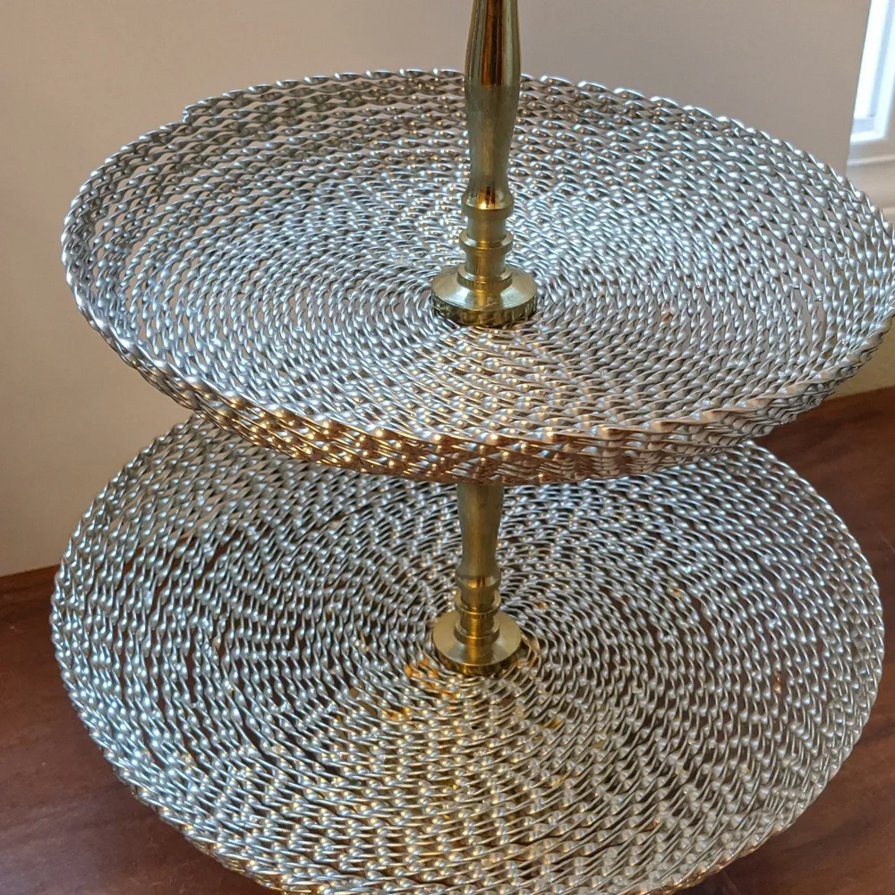 Vtg Rare 3-Tier Tray Brass Silver Woven Server Holiday Christmas Decor Beautiful